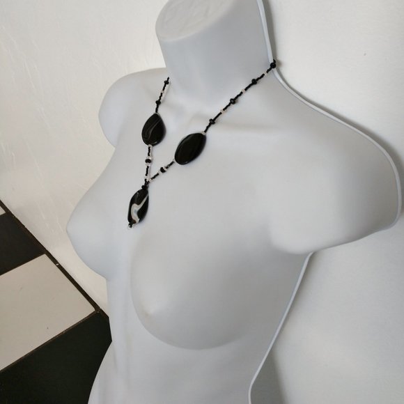 Black Beaded Statement Necklace With Agate Teardrop Pendants Handmade 19 Inches - Picture 6 of 12
